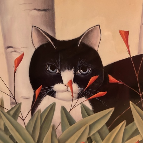 90s 1994 Framed Cat Art with Red Flowers Diana Jackson print - Picture 5 of 8